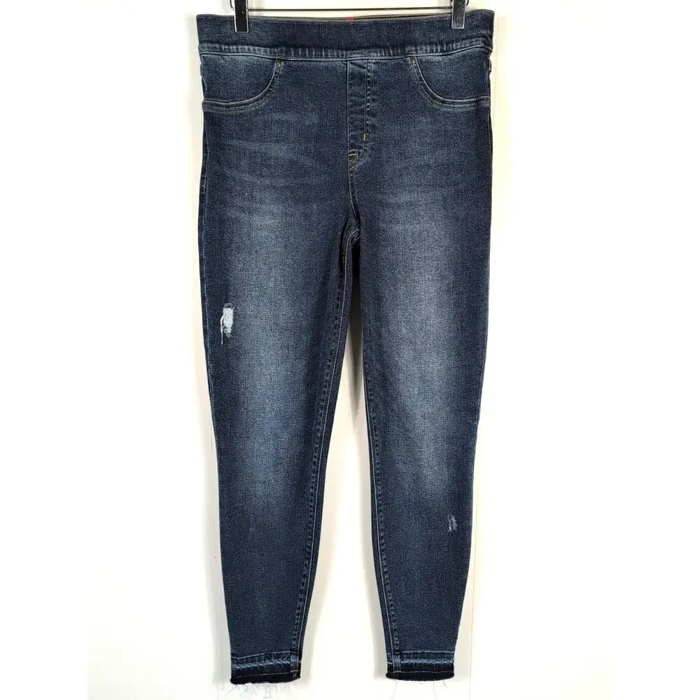 Spanx Women’s L Blue Pull-On Skinny Jegging Jeans Distressed Raw Hem Ankle - Picture 2 of 14
